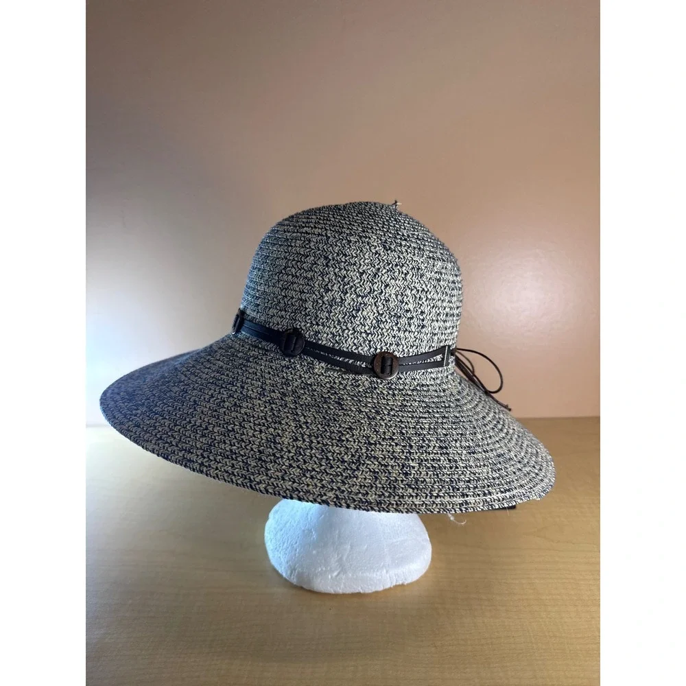 Woven Paper Straw Wide Brim Sun Hat Navy Tan Marled with Wood Bead Band